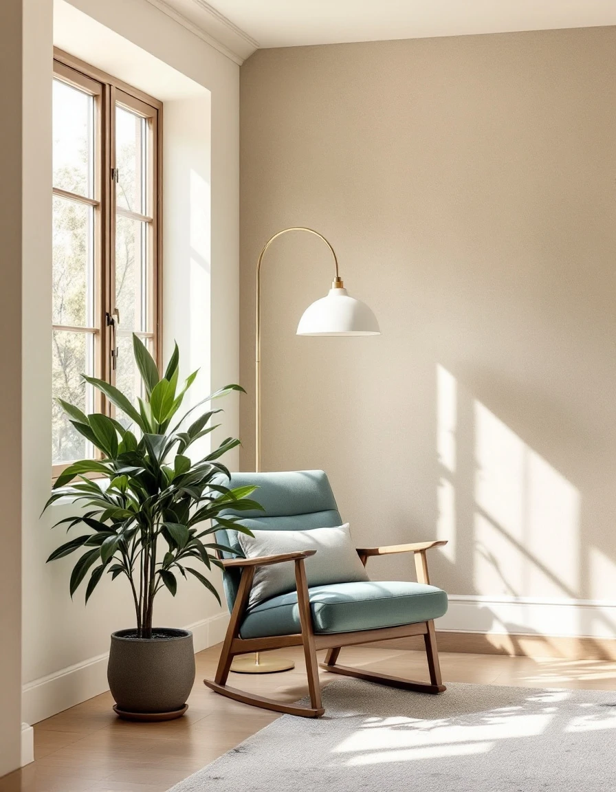 A serene corner of a designed home with a chair by the window