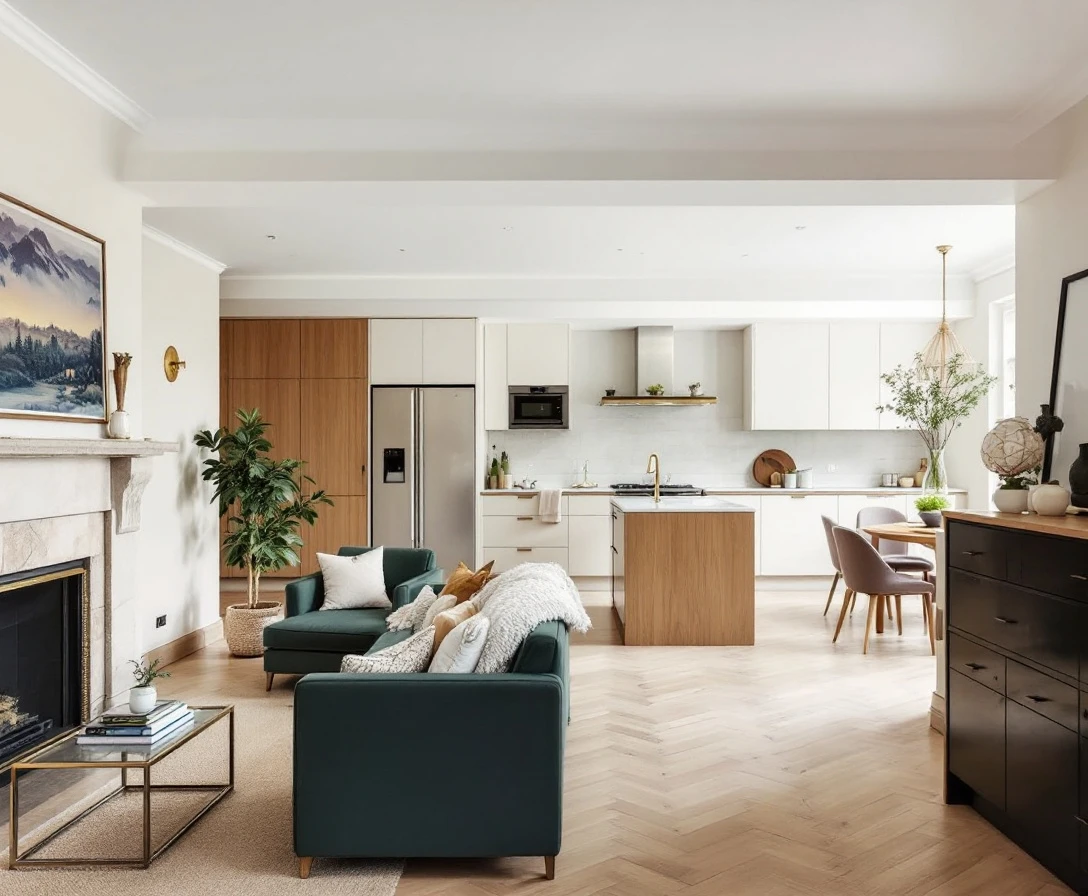 Open-plan living space with warm timber and stone