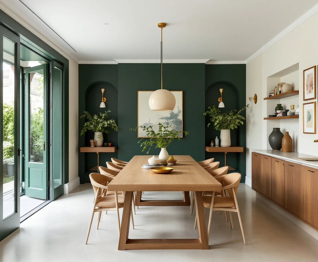 Dining area with a long table and sculptural lighting