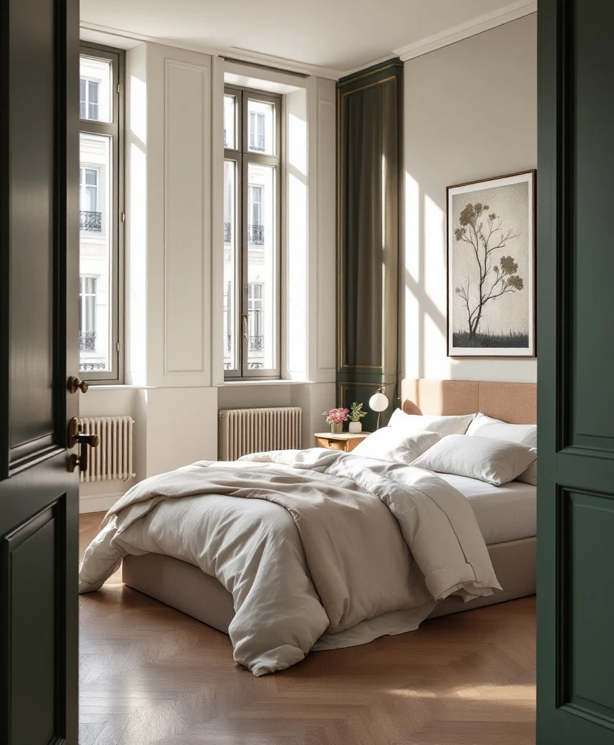 Bedroom with linen bedding and soft morning light