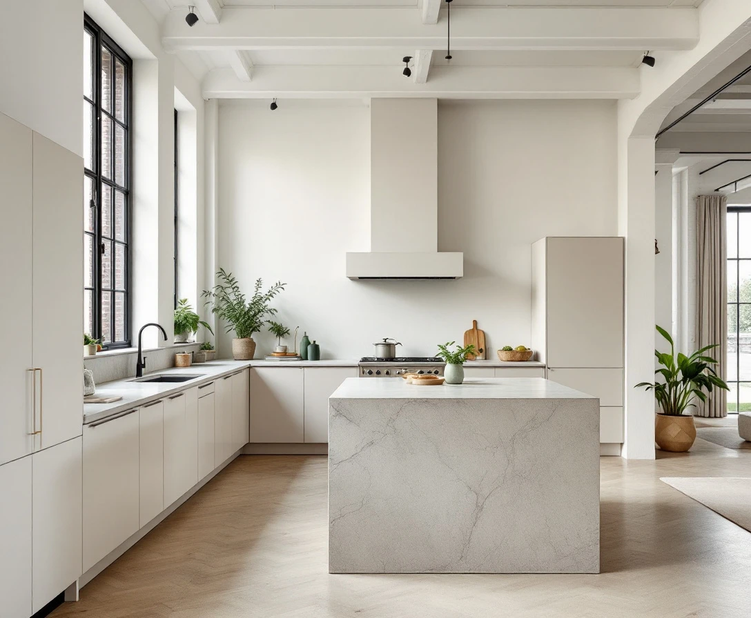 Kitchen with pale cabinetry and a stone island